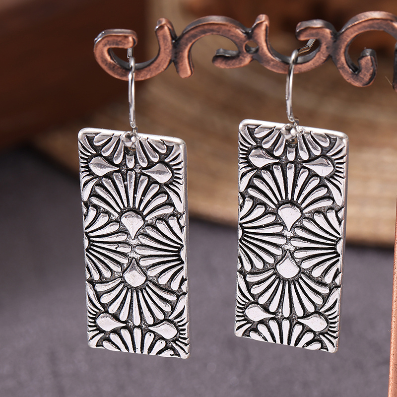 Vintage Rectangular Geometric Long Pendant Printed Pattern Earrings